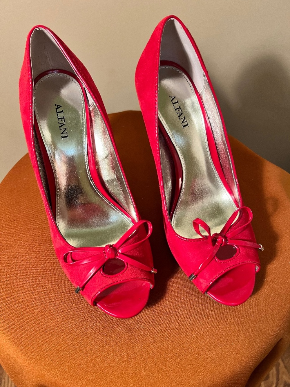 Red suede dressy open toe slip on pumps